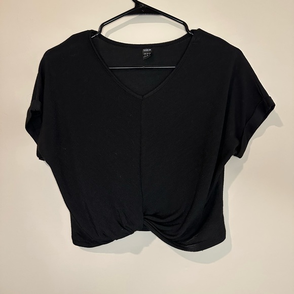 SHEIN Black Crop Tie Front T-Shirt - Picture 1 of 3
